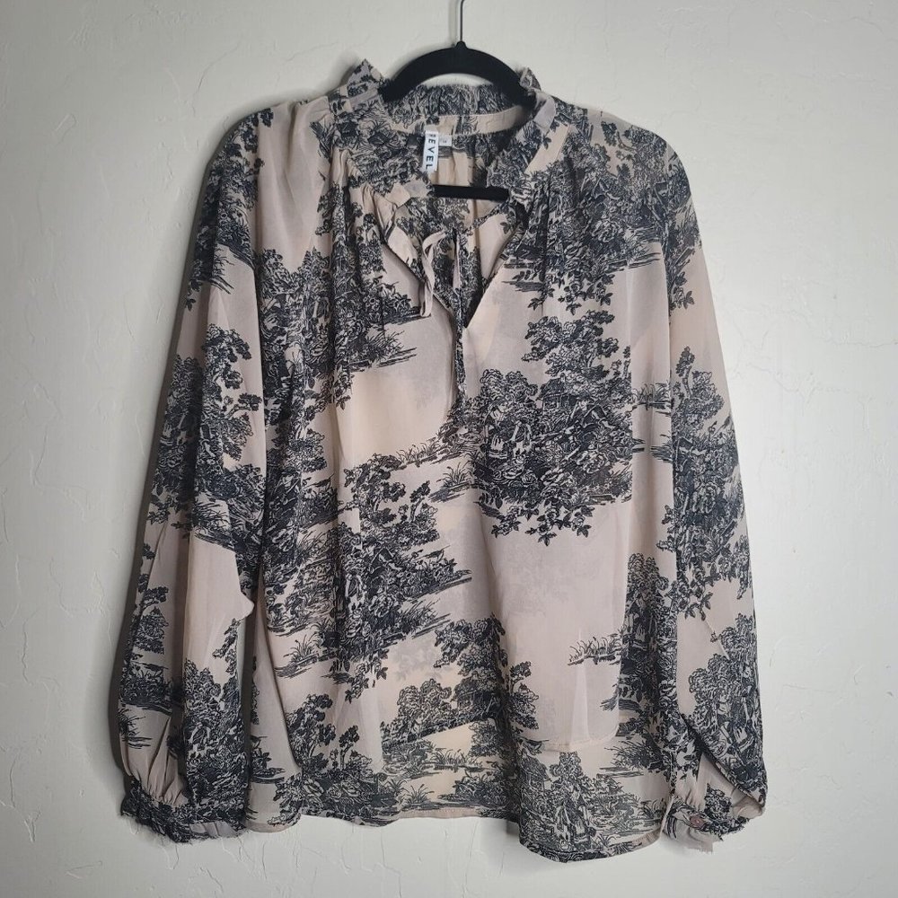 Revel Blouse Size Medium Beige Black Long Sleeve Floral